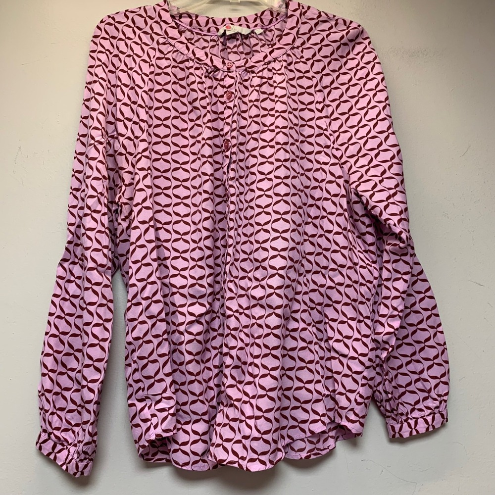 Boden Button Front Blouse Womens 12 Pink Geometric Excellent Long Sleeve W0504